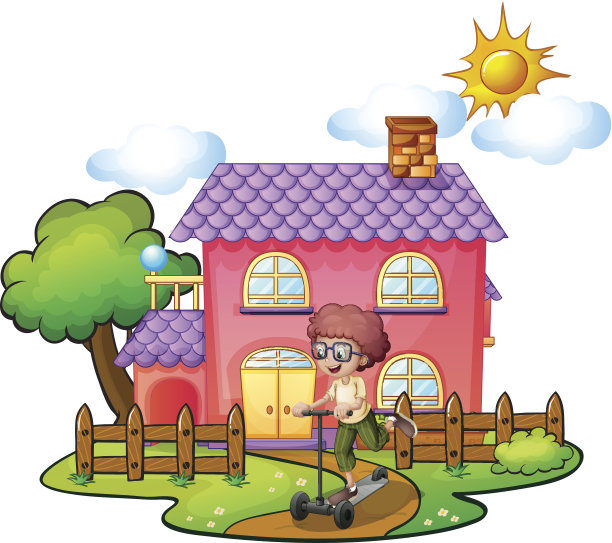 男孩在粉红色的大房子前玩耍图片下载
