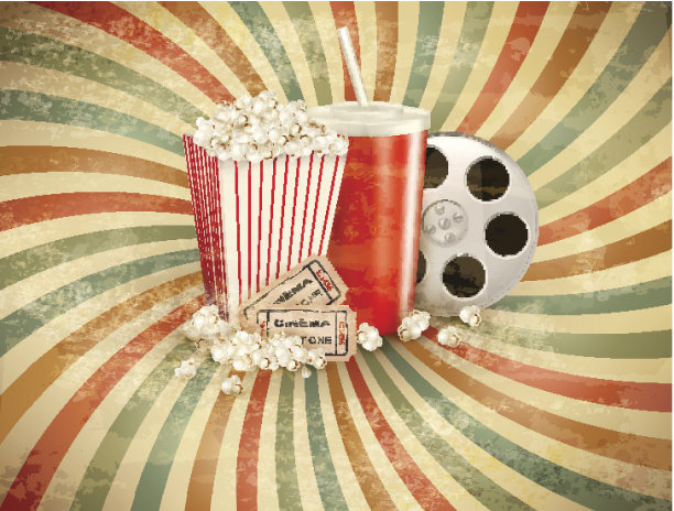 带有爆米花和饮料的复古背景。图片下载