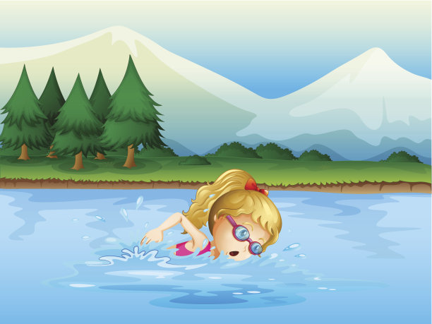 女孩在松树附近游泳图片下载