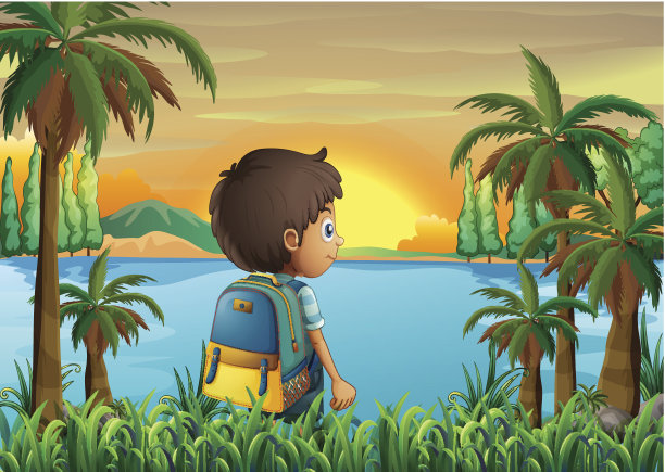 拿着包看日落的男孩素材图片