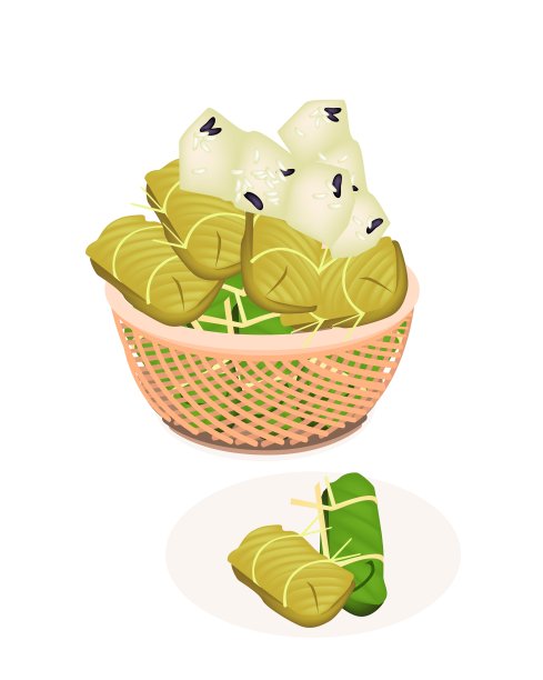 香蕉蒸糯米在棕色的篮子图片下载