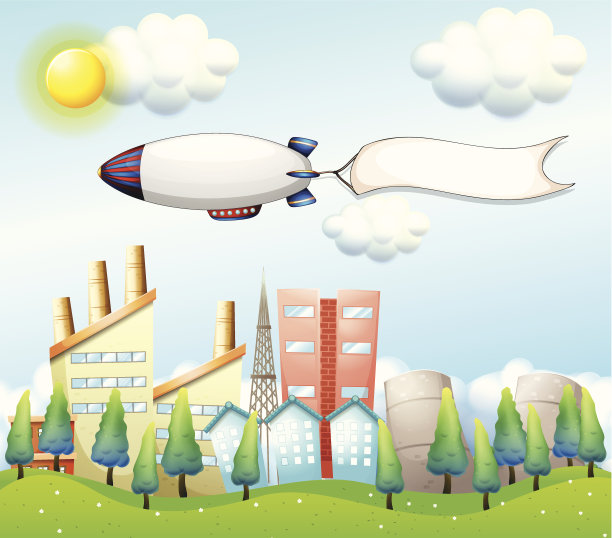 在高楼上空挂着空横幅的飞艇图片下载