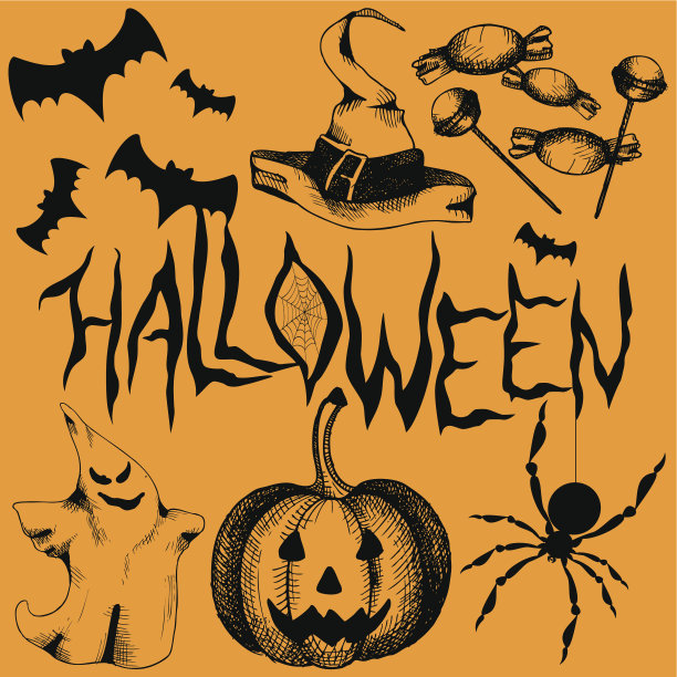万圣节派对手绘元素。图片下载