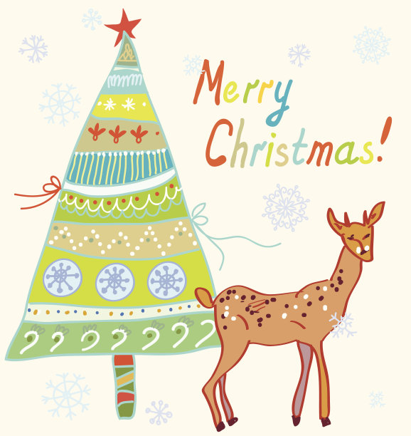 圣诞树和驯鹿的圣诞卡片素材图片