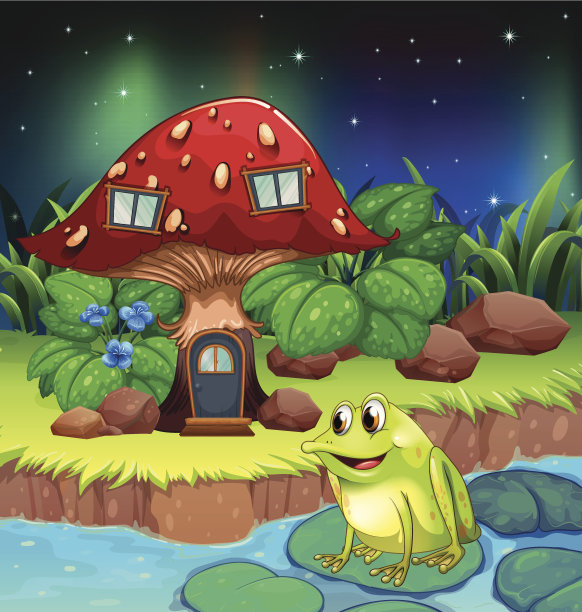 青蛙靠近巨大的红色蘑菇屋图片下载