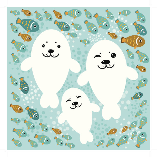 幸福家庭白色海豹鱼蓝色背景。向量图片下载