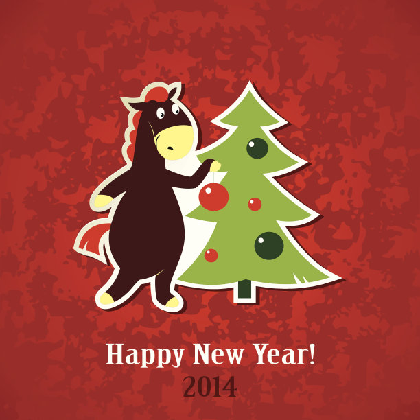 新年贺卡-马与圣诞树图片下载