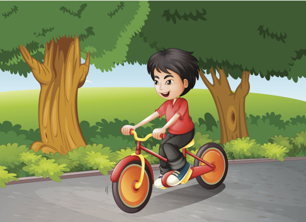 男孩在大树旁骑自行车图片下载