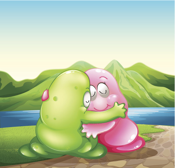 绿色和粉色的怪物在河边互相拥抱图片下载