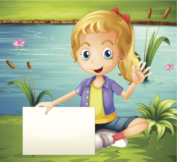 池塘边的女孩手里拿着一个空招牌图片下载