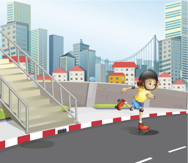 小女孩在马路上玩滑板图片下载