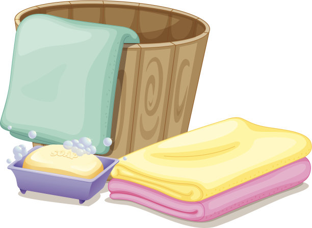 桶内装有毛巾和肥皂图片下载