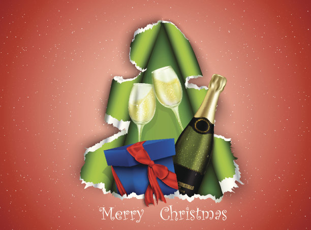 圣诞树上的礼物和香槟图片下载