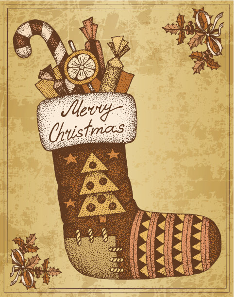 古董手画?圣诞贺卡袜子与礼物图片下载