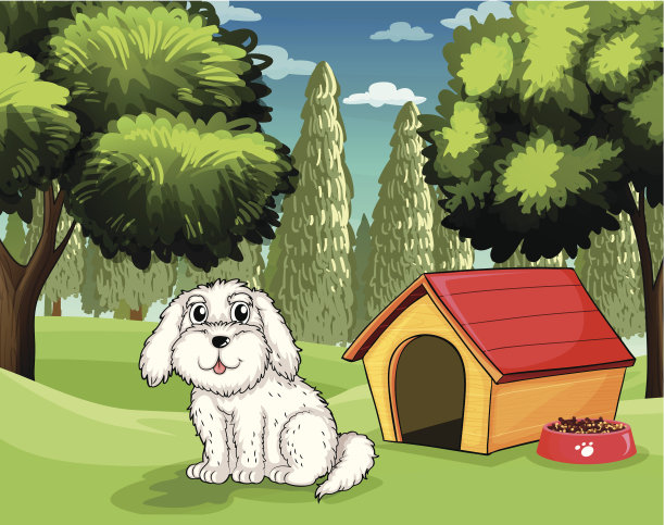 白色的小狗在他的狗窝外面图片下载