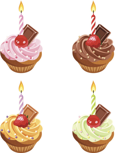 生日蛋糕。一套四个矢量插图。图片下载