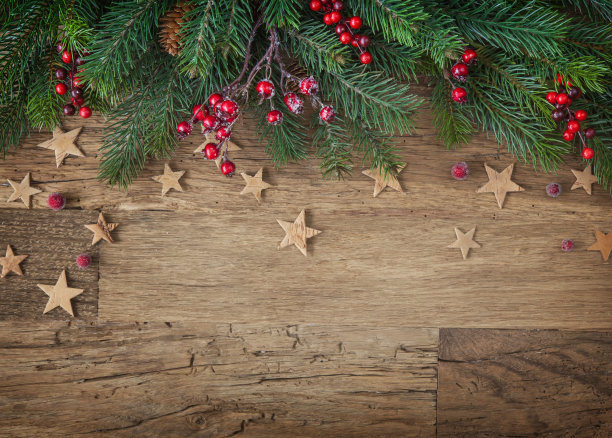 圣诞树的树枝上有浆果和星星图片下载