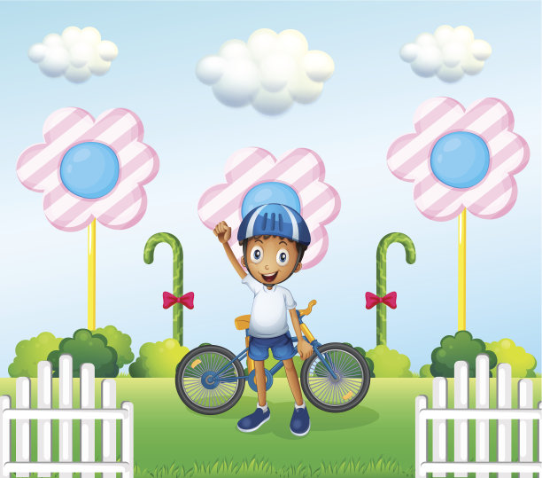 快乐男孩在糖果乐园骑着自行车图片下载