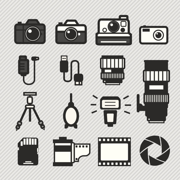 摄影镜头和配件设置矢量图标图片下载