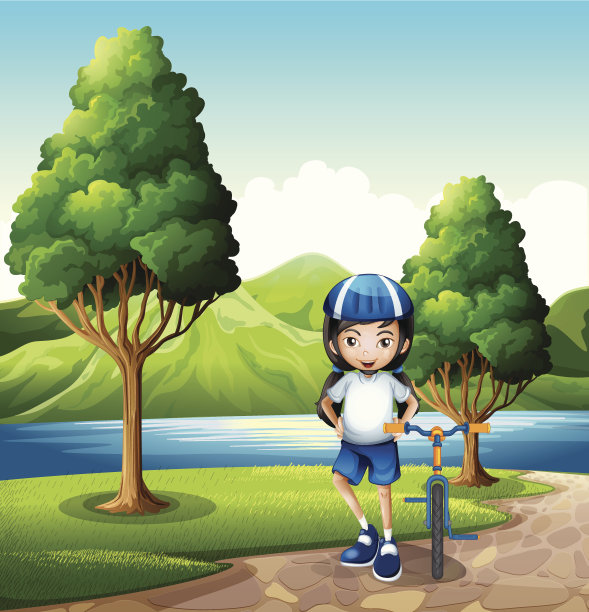 小女孩和她的自行车在河边图片下载