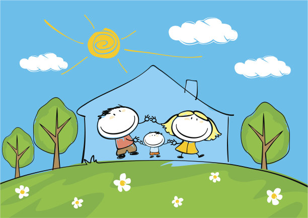 一个幸福家庭在同一个屋檐下的卡通插图图片下载