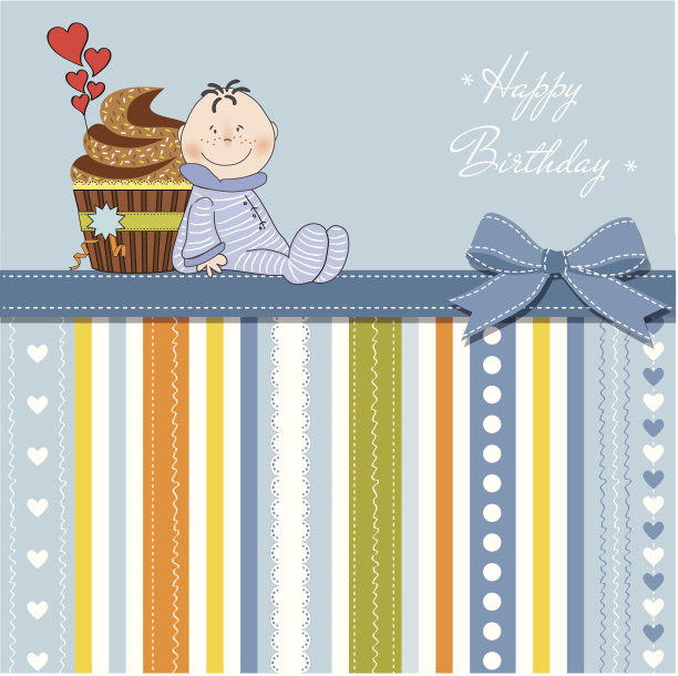 有纸杯蛋糕和小宝宝的生日贺卡图片下载