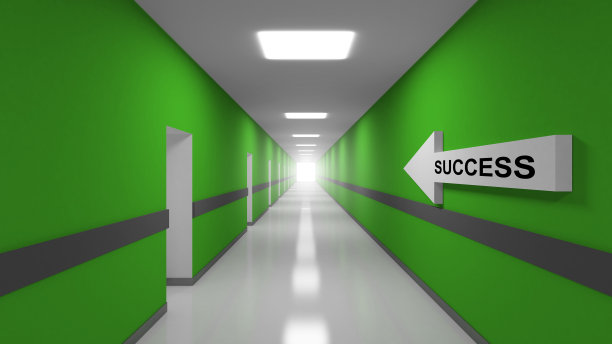 成功抽象三维隐喻插画。绿色办公室走廊里图片下载