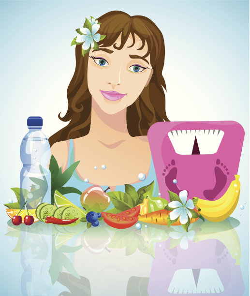 快乐的女孩，健康的食物和体重图片下载