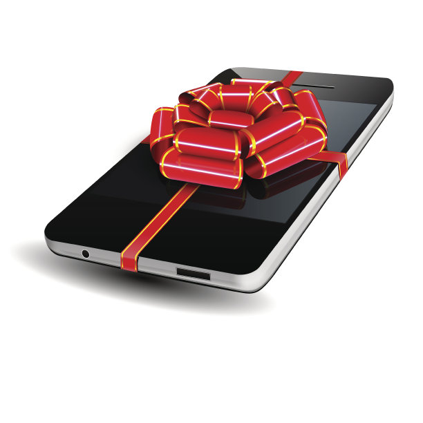 智能手机上有一个红色的蝴蝶结图片下载