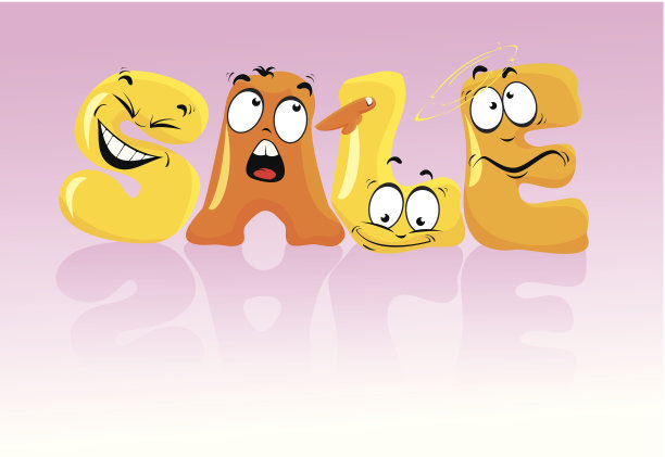 文字销售在漫画风格，字母与卡通情绪的脸素材图片