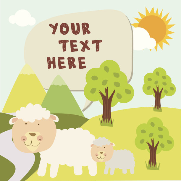 可爱的绵羊和儿子在森林与信息框素材图片