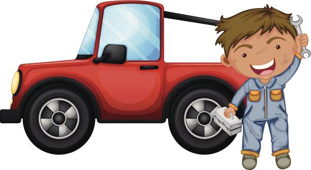修理红色吉普车的男孩图片下载