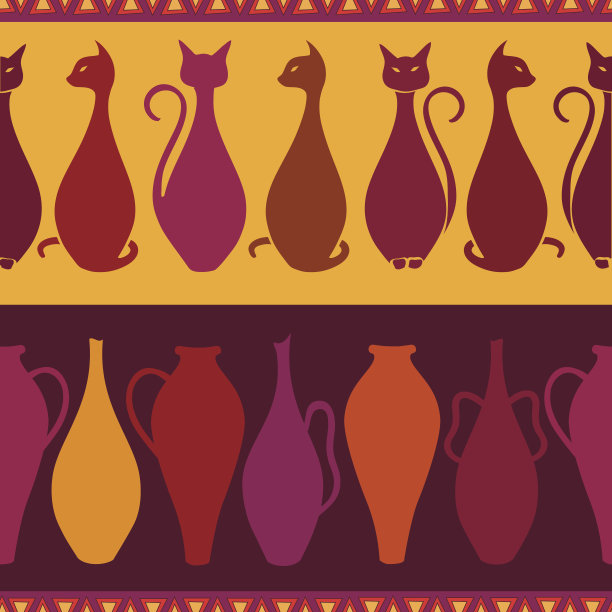 民族无缝图案与猫和花瓶图片下载