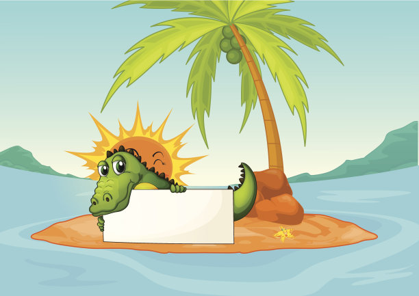 在小岛上，鳄鱼拿着空招牌图片下载