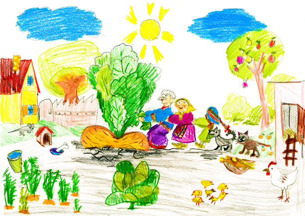 家庭收获萝卜。孩子的画。图片下载