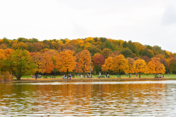 多云和秋季公园与湖泊。图片下载