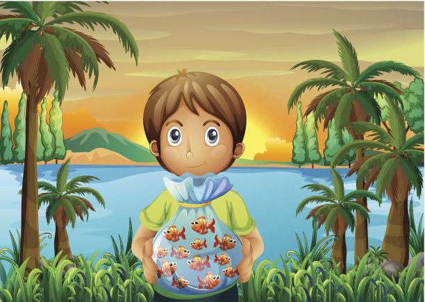 一个男孩站在河边，手里拿着塑料鱼图片下载