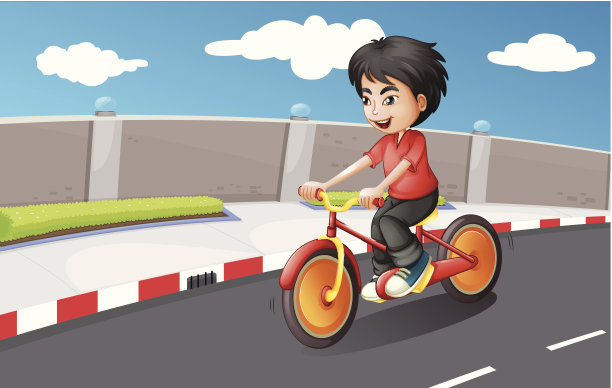 男孩骑着橙色轮子的自行车图片下载