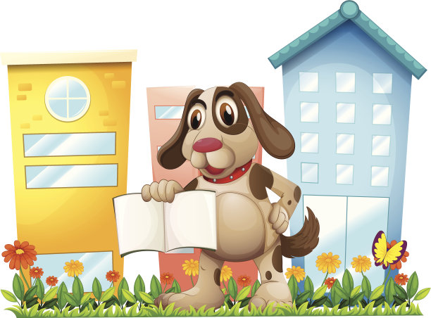 小狗在高楼附近拿着一本空书图片下载