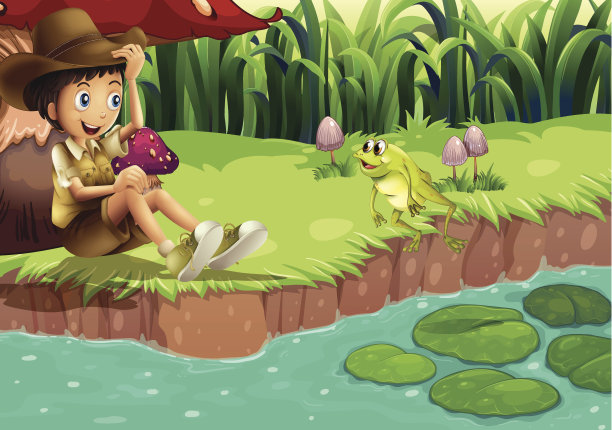 男孩和青蛙在河边图片下载