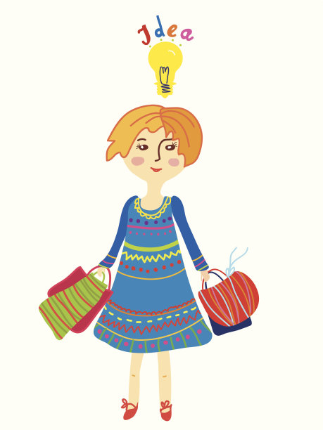 女孩购物与想法灯泡素材图片