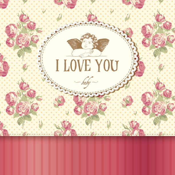 复古卡片，玫瑰背景和丘比特。图片下载