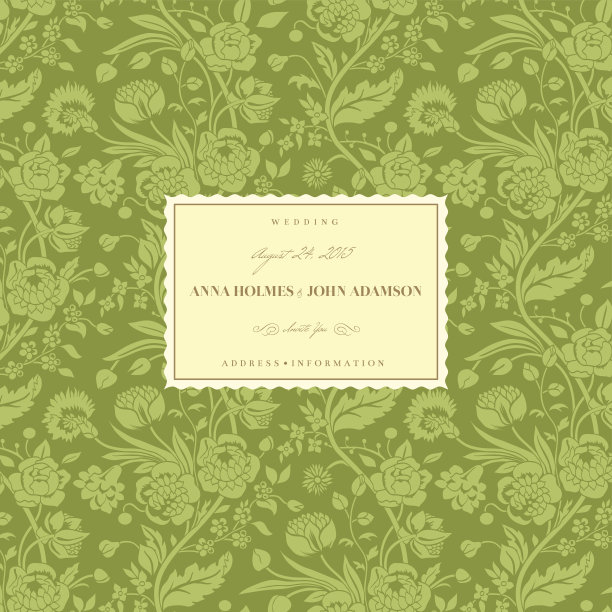 绿色复古婚礼卡与鲜花束图片下载