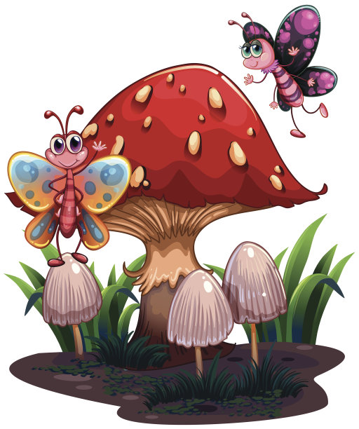 蝴蝶在一个巨大的蘑菇附近飞舞图片下载
