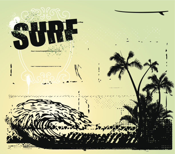 冲浪场景与大波浪手掌和桌子图片下载