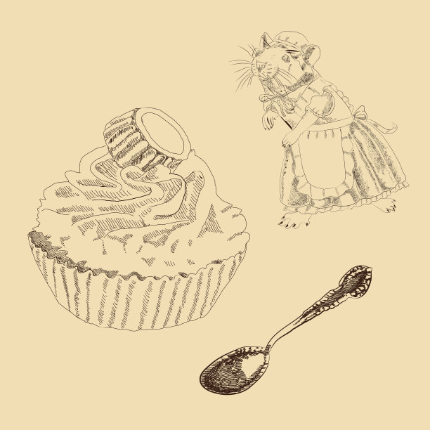 复古的老鼠，勺子和蛋糕图片下载
