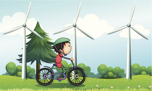 在风车附近骑着自行车的男孩图片下载