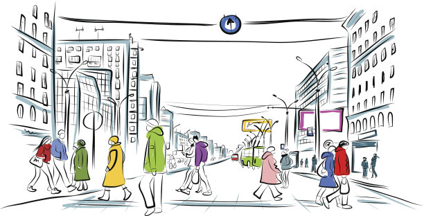 街道草图与行人为您的设计图片下载