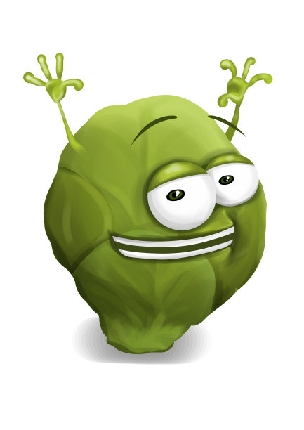 快乐的布鲁塞尔芽卡通人物开心地举起双臂大笑图片下载