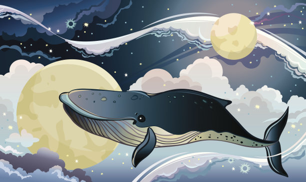 卡通鲸鱼和奇妙的天空。素材图片